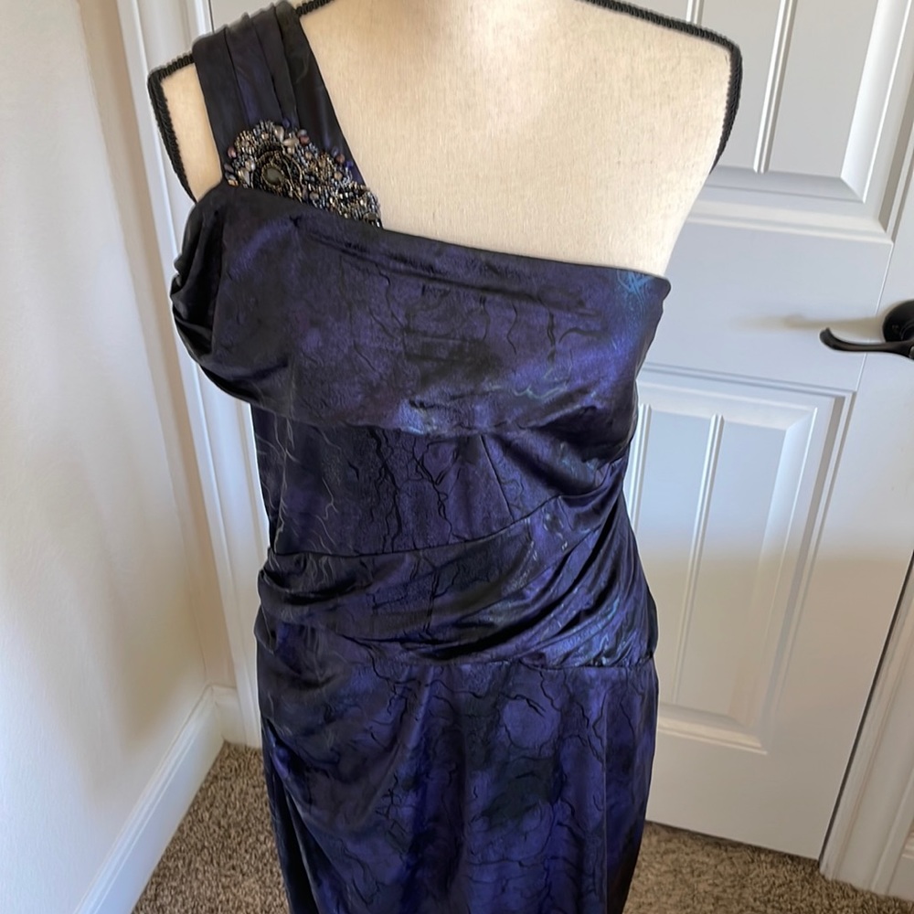 David Meister One Shoulder Knee Length Beaded Purple Cocktail Dress Size…